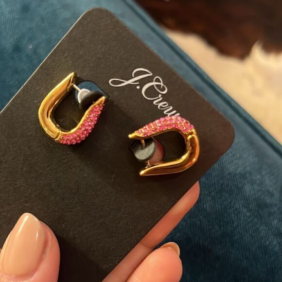 J.Crew Women's Oblong Pave Hoop Earrings Pink BD887 - Picture 3 of 3